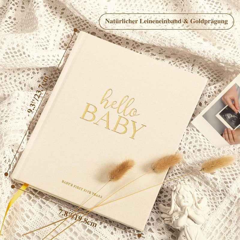 Lanpn Hello Baby 5 éves babanapló lányoknak fiúknak, vászonkötés babakönyv 154 oldal - Englisch, Beige