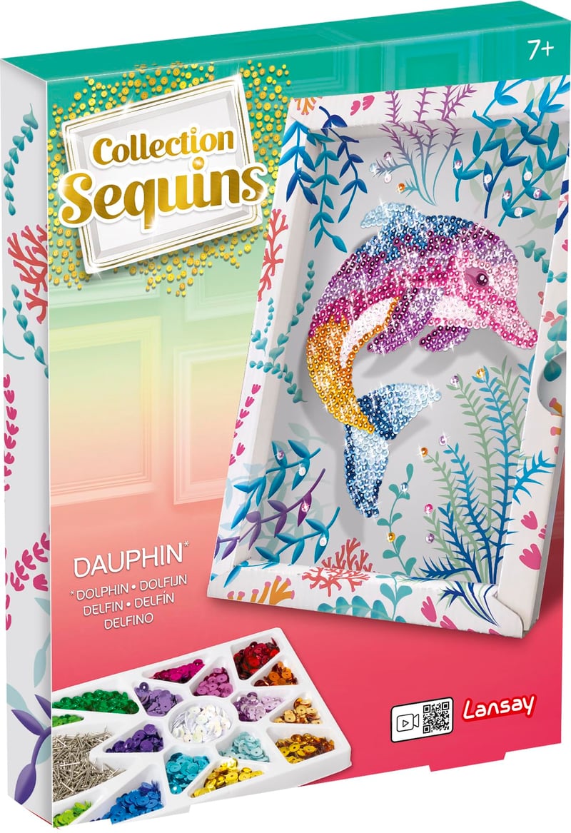 Set de mozaic cu paiete Lansay Collection Delfin pentru copii de la 7 ani - Tablou strălucitor DIY cu ramă, paiete colorate și ace - decorațiune creativă pentru cameră