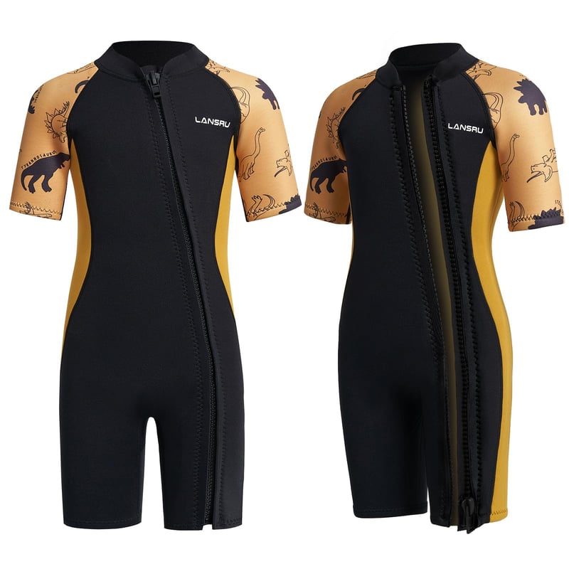 Detský neoprén Lansru 2,0 mm s krátkym rukávom pre chlapcov, dinosaurus, veľkosť S (88-98 cm), UV ochrana, celoprepínací zips, na surfovanie a plávanie