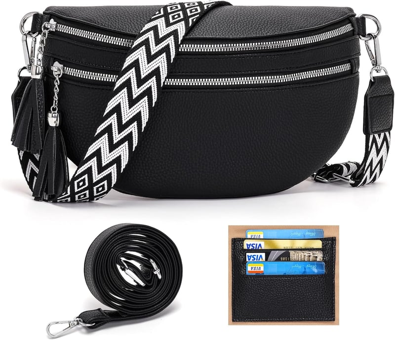 LANXINGLUO női crossbody táska kártyatartóval, 2 pánttal - fekete
