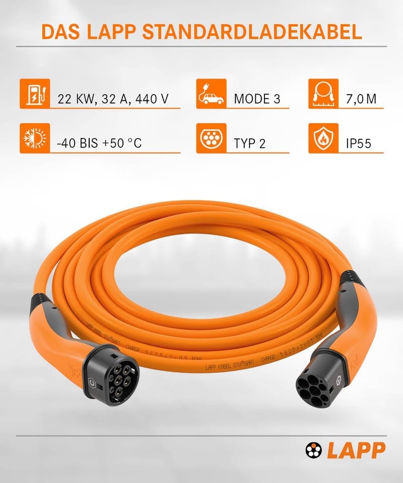 Lapp Type 2 töltőkábel 22 kW 32 A 3 fázis Mode 3, sima kivitel, 7 m, narancs, elektromos autóhoz