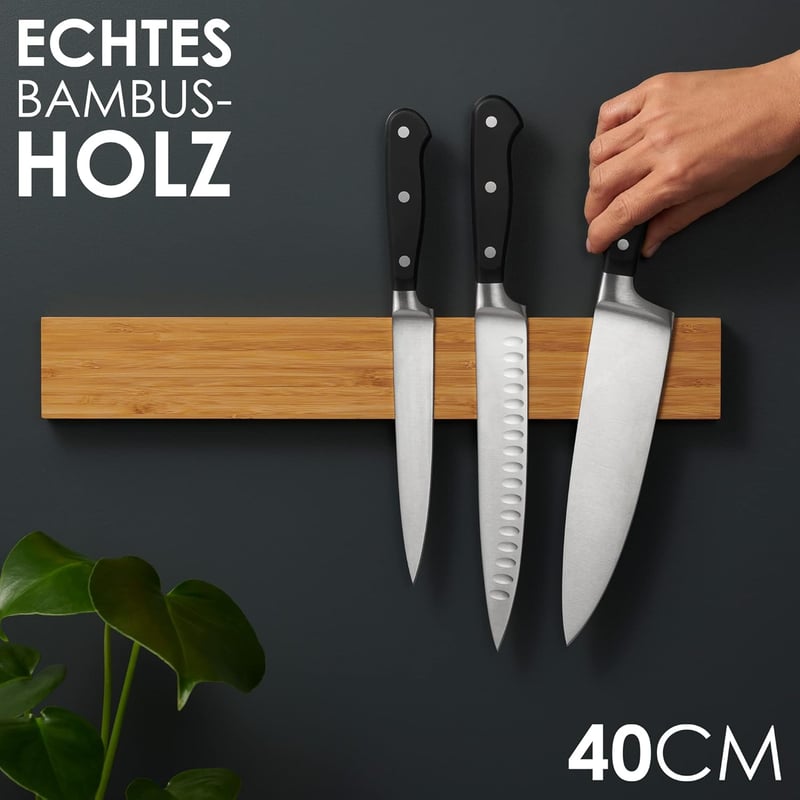 LARHN Mágneses Késtartó Fa 40 cm - Fúrás Nélkül is Felszerelhető, Mosogatógépben Mosható Konyhakés Rendszerező