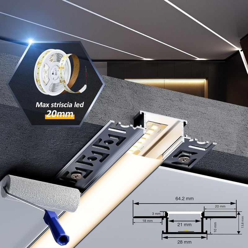 LASLUX Alumínium LED profil U-alakú 2m, diffúzorral és végzáróval, beépíthető