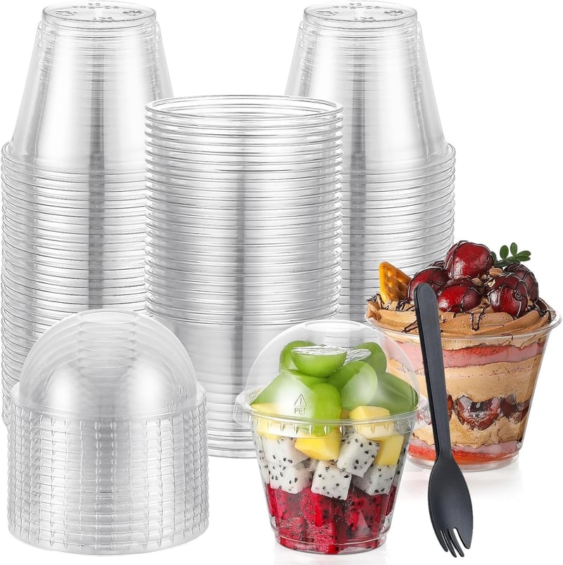 LATERN 50 ks plastových dezertných pohárov so zaobleným vrchnákom, 270 ml priehľadné okrúhle poháre na parfait, opakovane použiteľné misky s vidličkou na puding, penové dezerty (mousse)