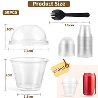 LATERN 50 ks plastových dezertných pohárov so zaobleným vrchnákom, 270 ml priehľadné okrúhle poháre na parfait, opakovane použiteľné misky s vidličkou na puding, penové dezerty (mousse) 4