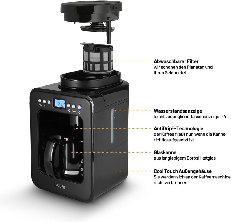Lauben Grind&Drip 600BB kávéfőző beépített kávédarálóval, 0,56L, 2-4 csésze