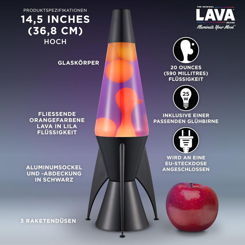 LAVA Evenfall Rocket lávalámpa sárga viasszal, lila folyadékkal, 37 cm