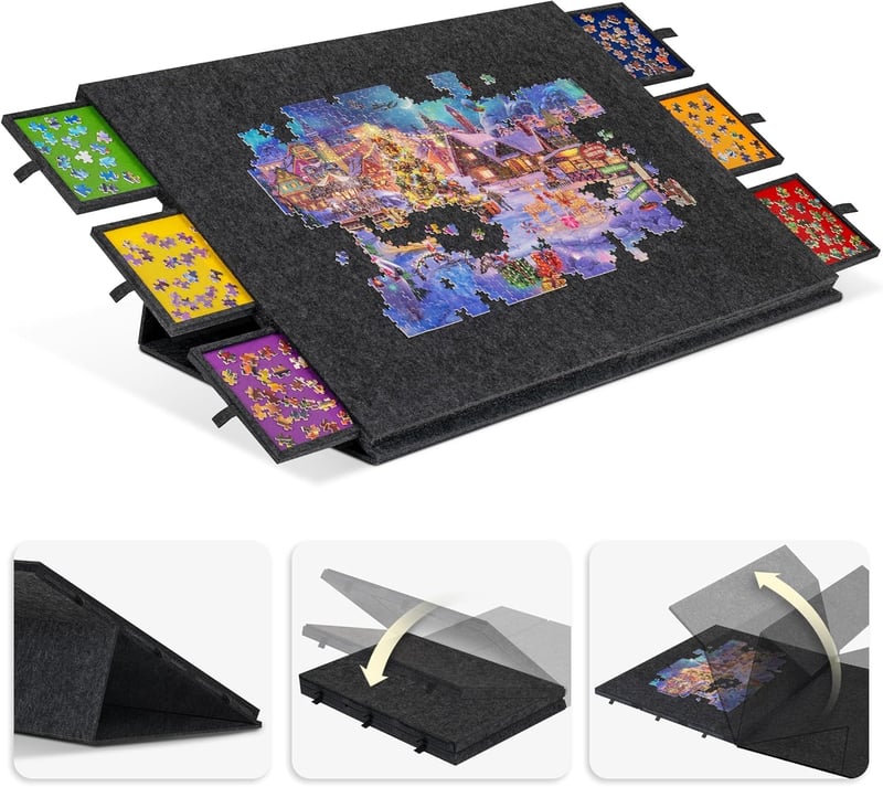 Lavievert Összecsukható Puzzle Tábla 2-in-1 Állvánnyal, Dönthető Kirakós Asztal 6 Fiókkal, Filc Felülettel, Hordozható Puzzle Tároló 2000 Da