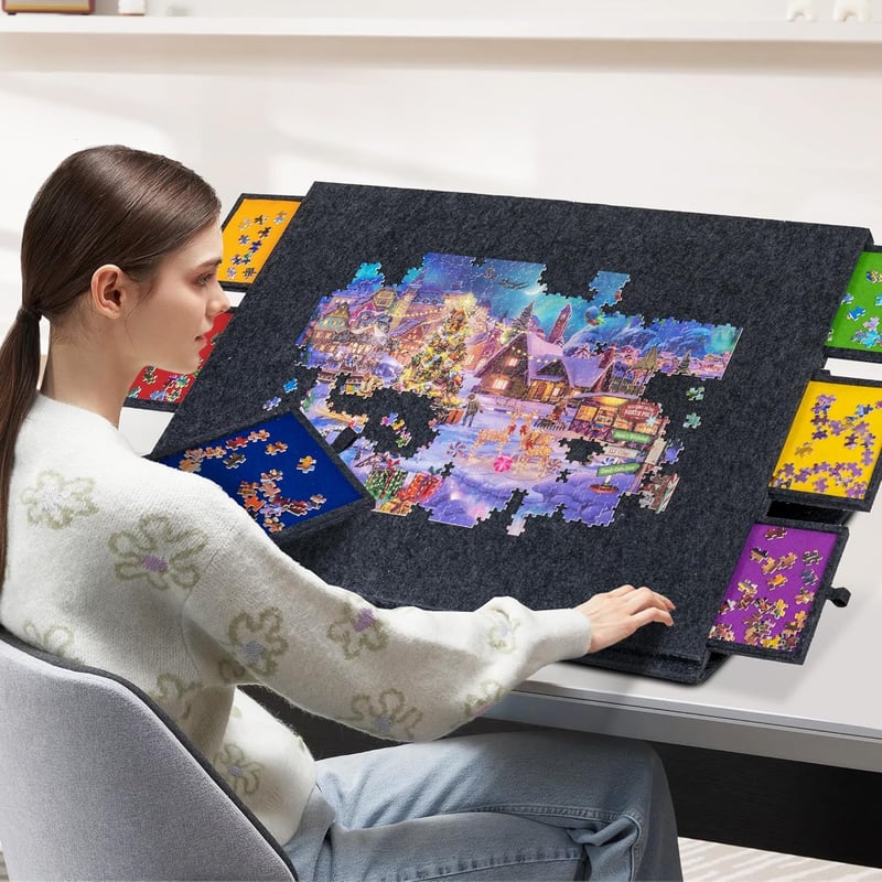 Lavievert Összecsukható Puzzle Tábla 2-in-1 Állvánnyal, Dönthető Kirakós Asztal 6 Fiókkal, Filc Felülettel, Hordozható Puzzle Tároló 2000 Da