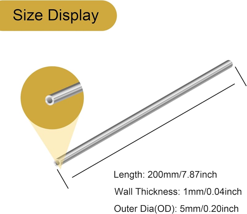 LAVMHAB 304-es Rozsdamentes Acél Cső 5mm Külső Átmérő x 1mm Falvastagság, 200mm Hosszú, Varratmentes Kerek Csövek Ipari és Barkács Felhaszná