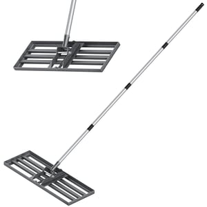Acél gyepszintező gereblye 76x25 cm-es fejjel és 180 cm-es állítható nyéllel – kerti talaj, homok és fű szintezéséhez
