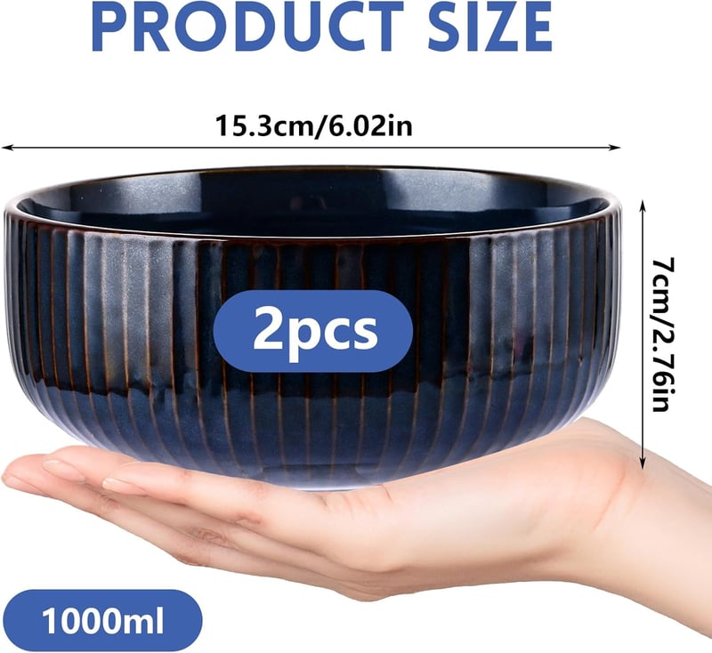 LDHHYH 2 db Porcelán Saláta Tál 1000ml Kék Kerámia Leveses Tál Szett