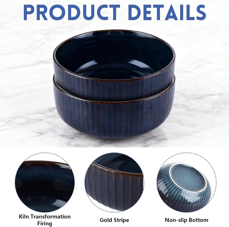 LDHHYH 2 db Porcelán Saláta Tál 1000ml Kék Kerámia Leveses Tál Szett