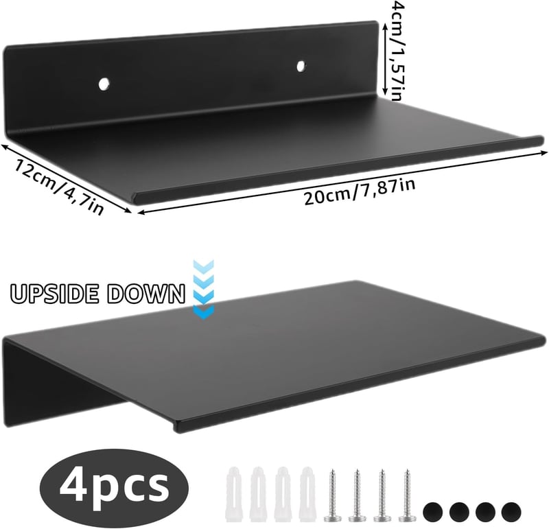 LDHHYH 4 darabos fekete fali polc szett 20x12 cm, lebegő könyvespolc fürdőszobához és konyhához