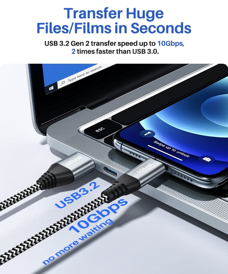 LDLrui 3m USB-C kábel 10Gbps adatátvitel, nylon fonott gyorstöltés iPhone 15 Pro, Samsung Galaxy
