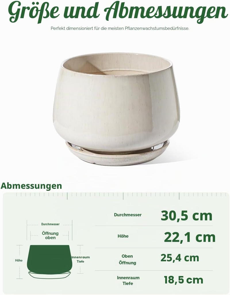 LE TAUCI 30 cm kerámia virágcserép lezöldítéshez, tálcával és lefolyónyílással