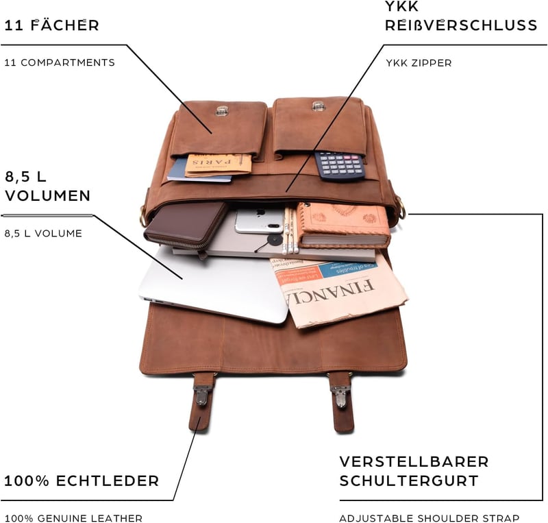 LEABAGS valódi bőr laptoptáska 15 colos, férfi-női messenger táska vállpánttal
