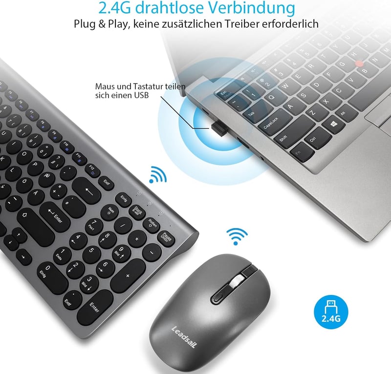 LeadsaiL Ergonomikus Vezeték Nélküli Billentyűzet és Egér Szett, QWERTZ, Csendes