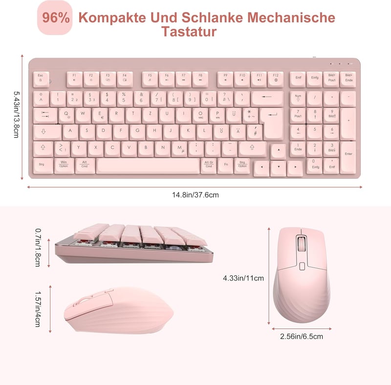 LeadsaiL FA98 Wireless Billentyűzet és Egér Szett, QWERTZ Layout, Kompakt 98 Gombos, Piros Switch, 1600 DPI, Rózsaszín