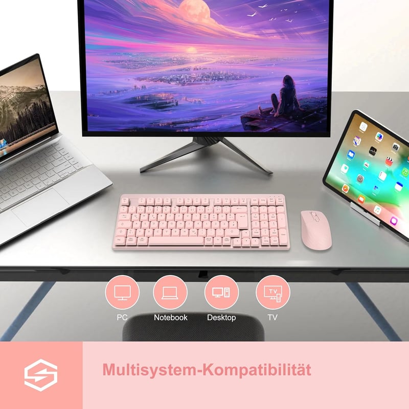 LeadsaiL FA98 Wireless Billentyűzet és Egér Szett, QWERTZ Layout, Kompakt 98 Gombos, Piros Switch, 1600 DPI, Rózsaszín