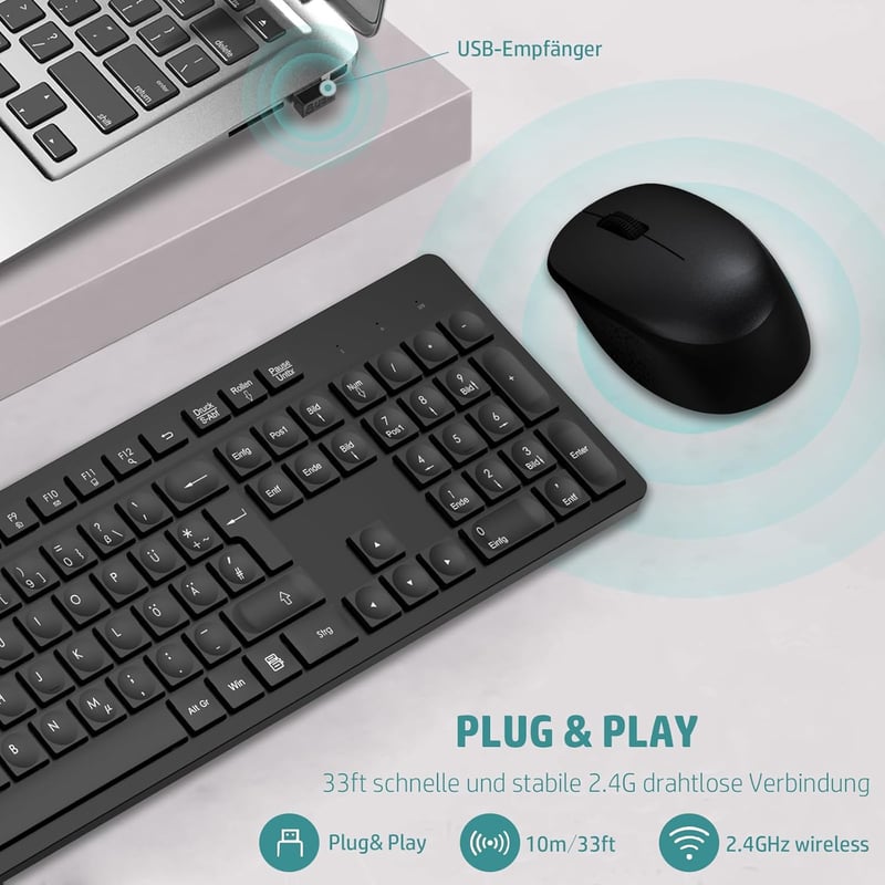 LeadsaiL K786 Vezeték nélküli billentyűzet és egér szett, QWERTZ német layout, csendes billentyűzet, 2.4 GHz USB nano vevővel - black