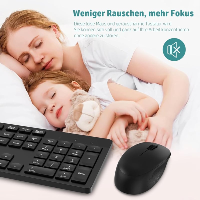 LeadsaiL K786 Vezeték nélküli billentyűzet és egér szett, QWERTZ német layout, csendes billentyűzet, 2.4 GHz USB nano vevővel - black