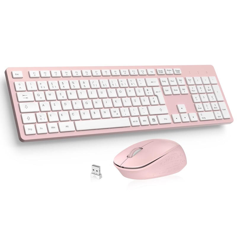 LeadsaiL K786 Bezdrôtová súprava klávesnice a myši, nemecké rozloženie QWERTZ, tichá klávesnica, 2,4 GHz USB nano prijímač, pre PC/notebook, ružová