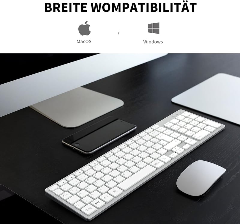 LeadsaiL Vezeték Nélküli Billentyűzet 2.4 GHz QWERTZ Német Kiosztás Numerikus Billentyűzettel Csendes Gombokkal PC Laptop Mac