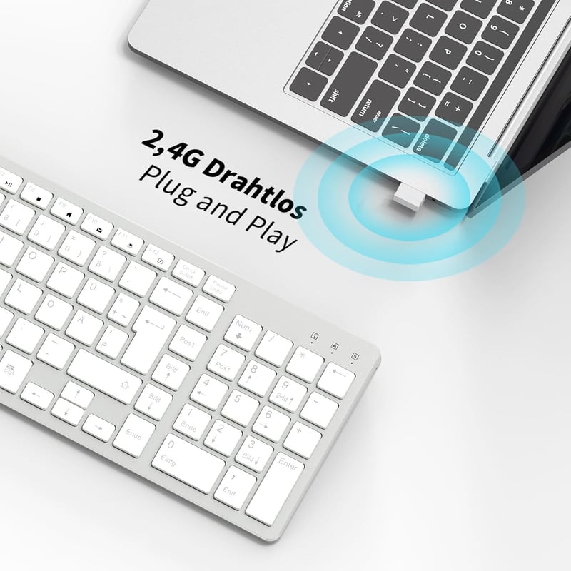 LeadsaiL Vezeték Nélküli Billentyűzet 2.4 GHz QWERTZ Német Kiosztás Numerikus Billentyűzettel Csendes Gombokkal PC Laptop Mac