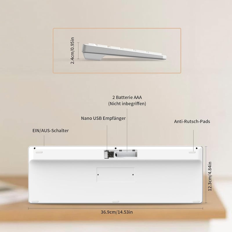 LeadsaiL Vezeték Nélküli Billentyűzet 2.4 GHz QWERTZ Német Kiosztás Numerikus Billentyűzettel Csendes Gombokkal PC Laptop Mac