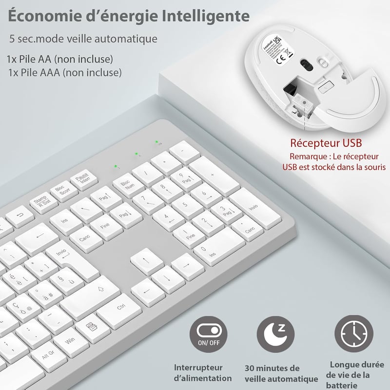 LeadsaiL Vezeték nélküli billentyűzet és egér szett, AZERTY, fehér-szürke