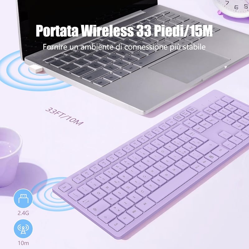 LeadsaiL Vezeték nélküli billentyűzet, teljes méretű QWERTY, ergonomikus USB 2,4 GHz, számpad, PC/Mac/Laptop - Lila