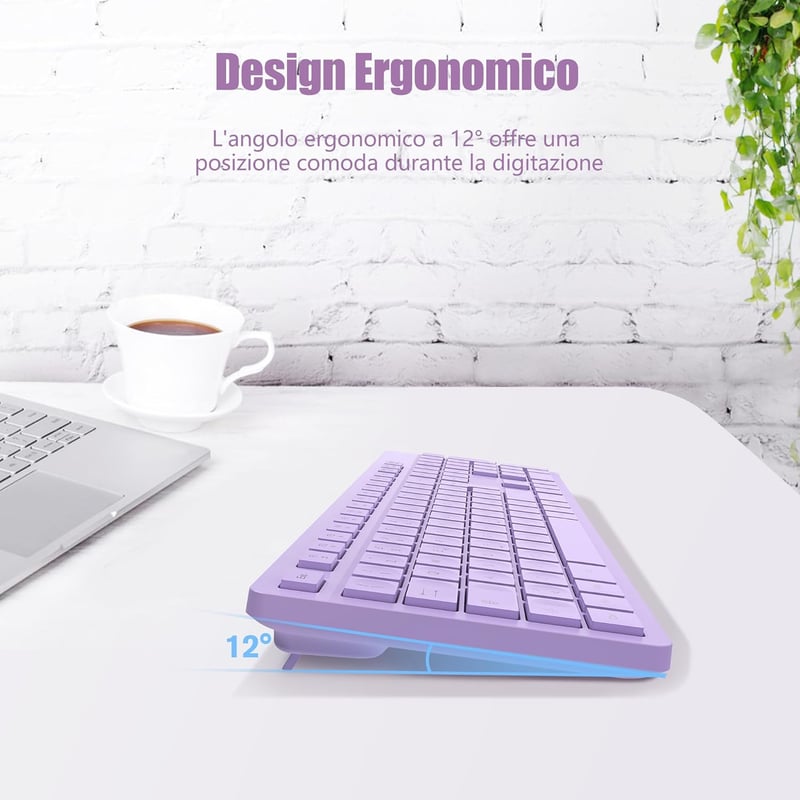 LeadsaiL Vezeték nélküli billentyűzet, teljes méretű QWERTY, ergonomikus USB 2,4 GHz, számpad, PC/Mac/Laptop - Lila