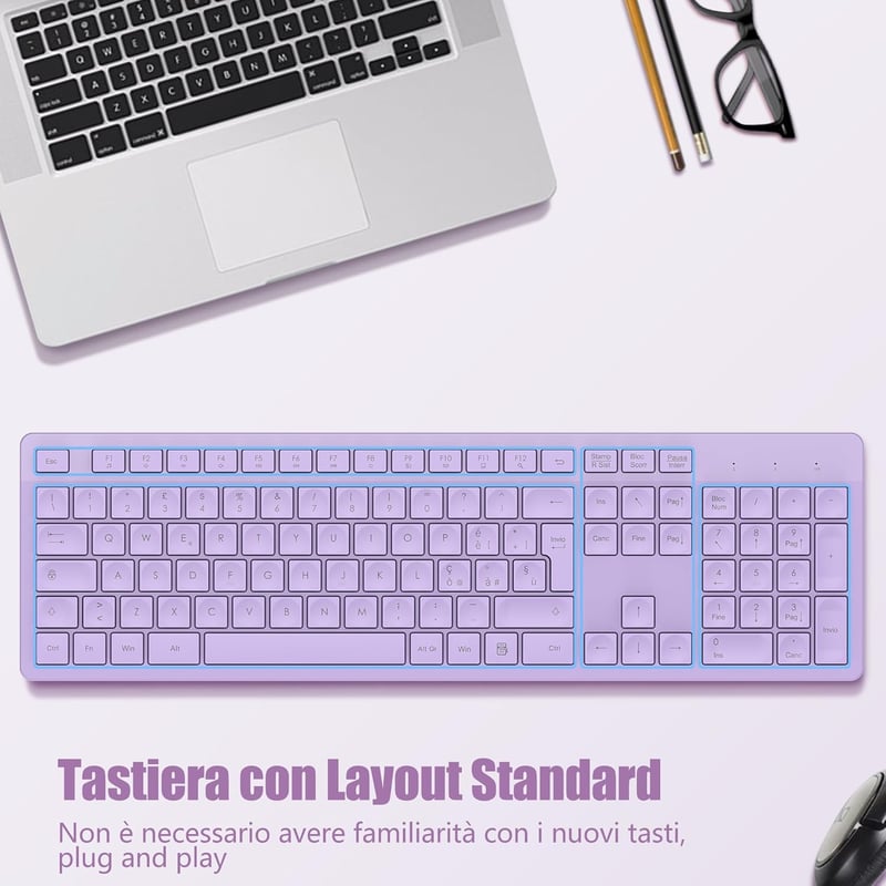 LeadsaiL Vezeték nélküli billentyűzet, teljes méretű QWERTY, ergonomikus USB 2,4 GHz, számpad, PC/Mac/Laptop - Lila