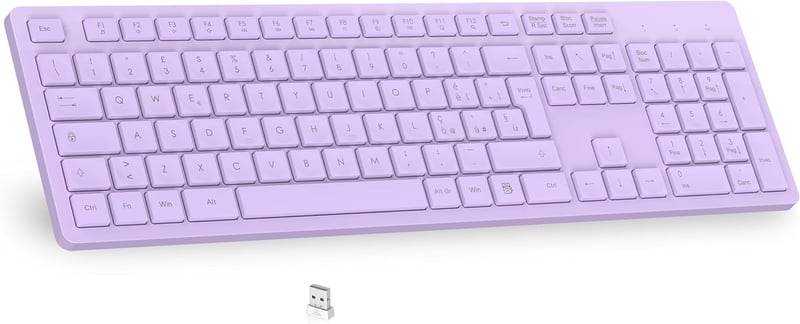 LeadsaiL Vezeték nélküli billentyűzet, teljes méretű QWERTY, ergonomikus USB 2,4 GHz, számpad, PC/Mac/Laptop - Lila