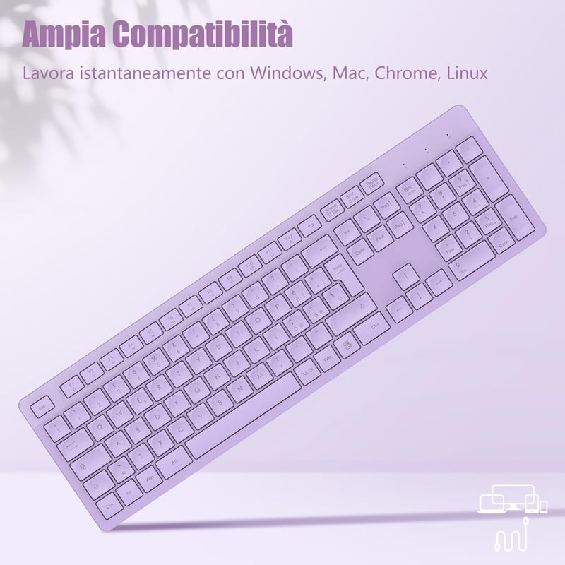 LeadsaiL Vezeték nélküli billentyűzet, teljes méretű QWERTY, ergonomikus USB 2,4 GHz, számpad, PC/Mac/Laptop - Lila