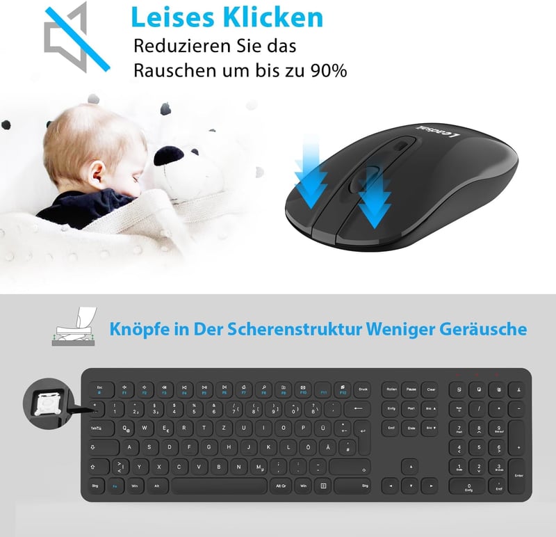 LeadsaiL Wireless Billentyűzet és Egér Szett, 2.4G QWERTZ Német Kiosztás