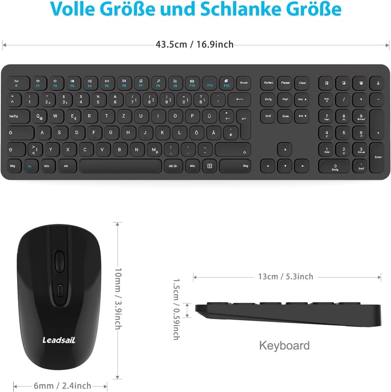 LeadsaiL Wireless Billentyűzet és Egér Szett, 2.4G QWERTZ Német Kiosztás