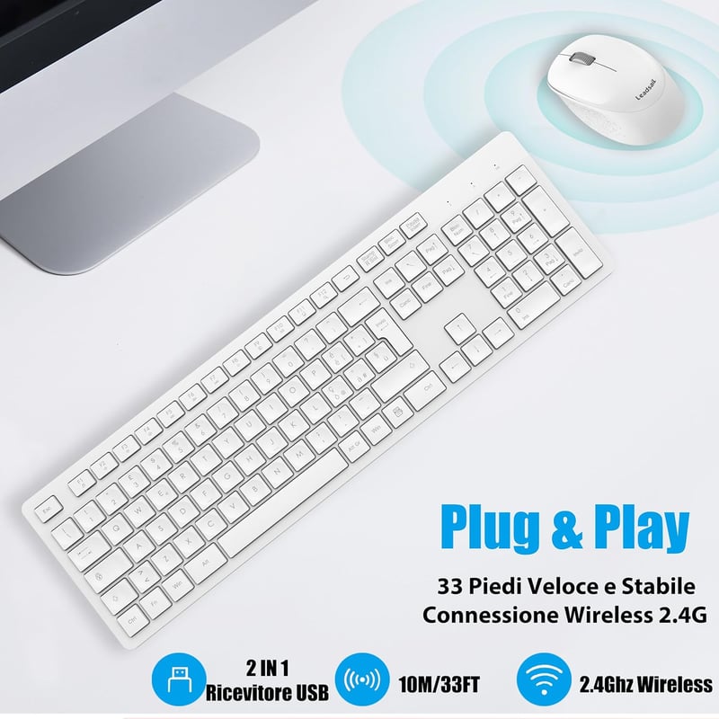 LeadsaiL Wireless Billentyűzet és Egér Szett Numerikus Billentyűzettel, 2.4GHz USB, Fehér