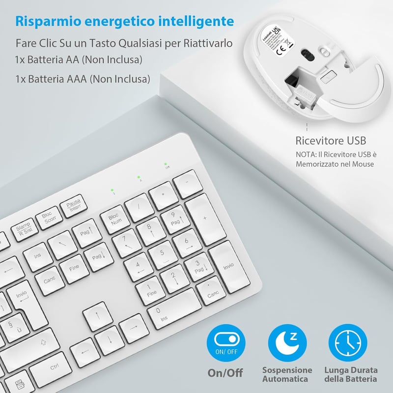 LeadsaiL Wireless Billentyűzet és Egér Szett Numerikus Billentyűzettel, 2.4GHz USB, Fehér