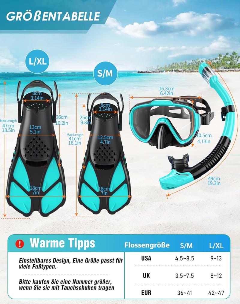 Lealinga 3 az 1-ben búvárkészlet állítható úszólábakkal, anti-szivárgás maszk és száraz snorkel - L-XL, Green