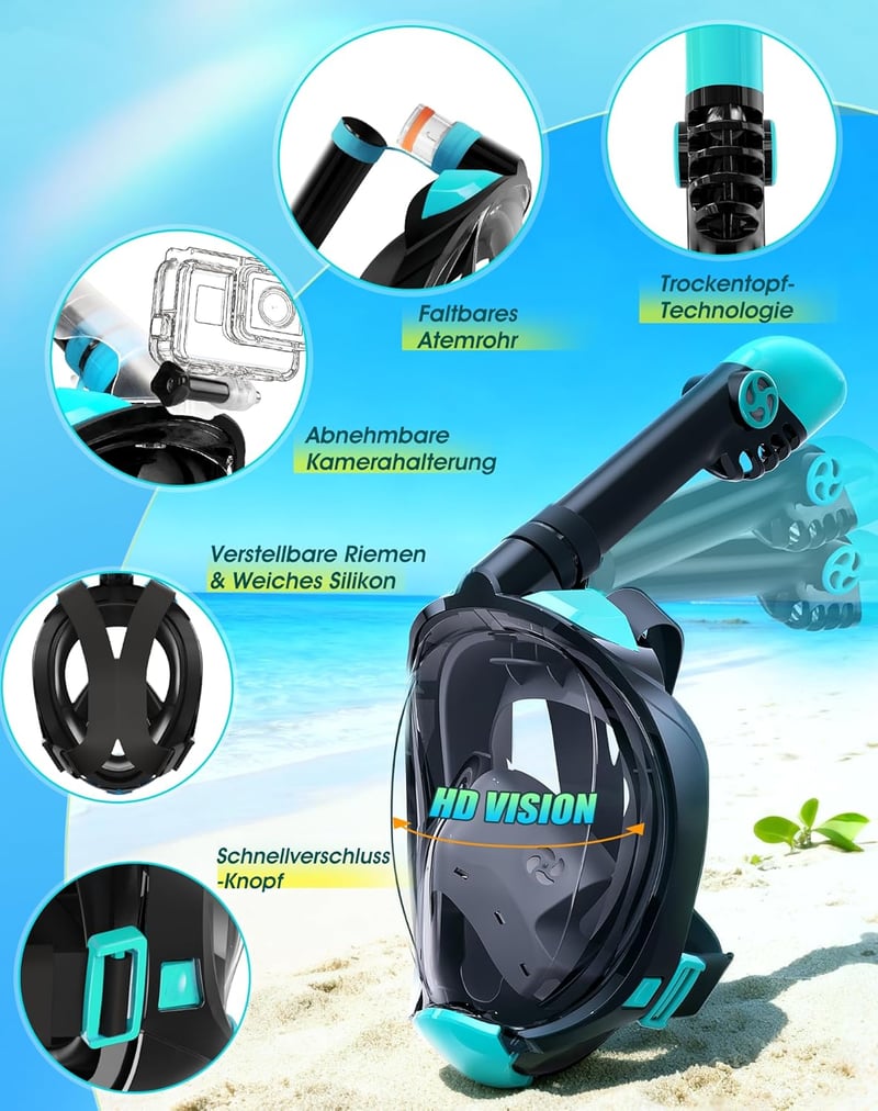 Lealinga Összecsukható Teljes Arcú Snorkel Szett Úszófékkel, Páramentesítő
