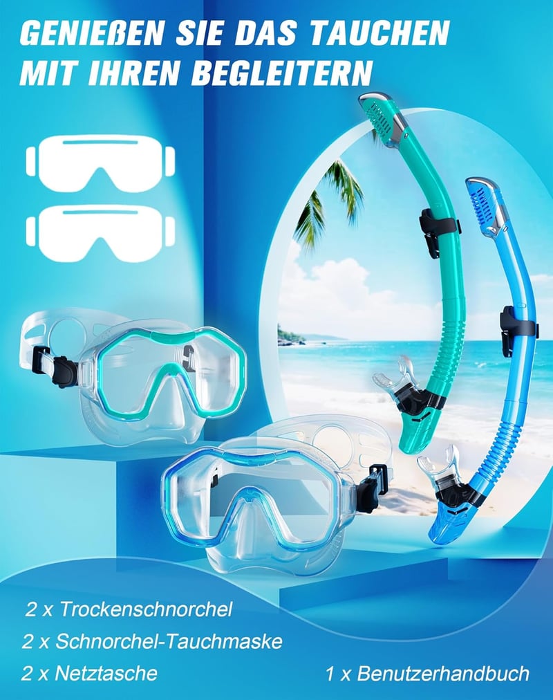 Lealinga Snorkel Szett 2 Személyes Panoráma Maszk Száraz Snorkelcsővel Anti-Fog