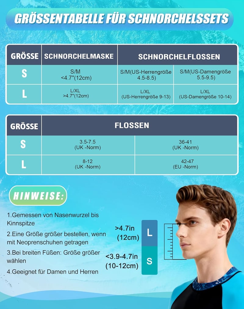 Lealinga Teljes Arcú Snorkel Szett Felnőtteknek, Összecsukható, Úszóuszonnyal, Páramentesítő