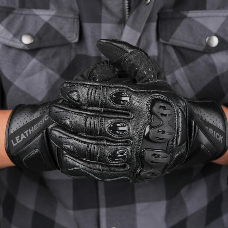 Mănuși moto din piele neagră pentru bărbați Leatherick, cu palmă căptușită și funcție touch screen