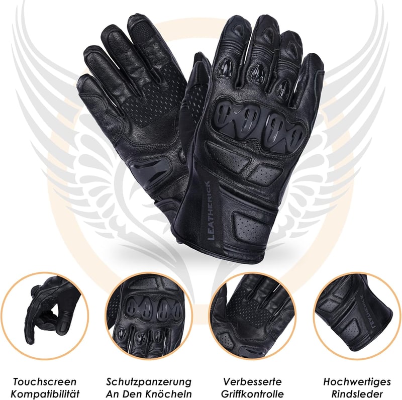 Mănuși moto din piele neagră pentru bărbați Leatherick, cu palmă căptușită și funcție touch screen