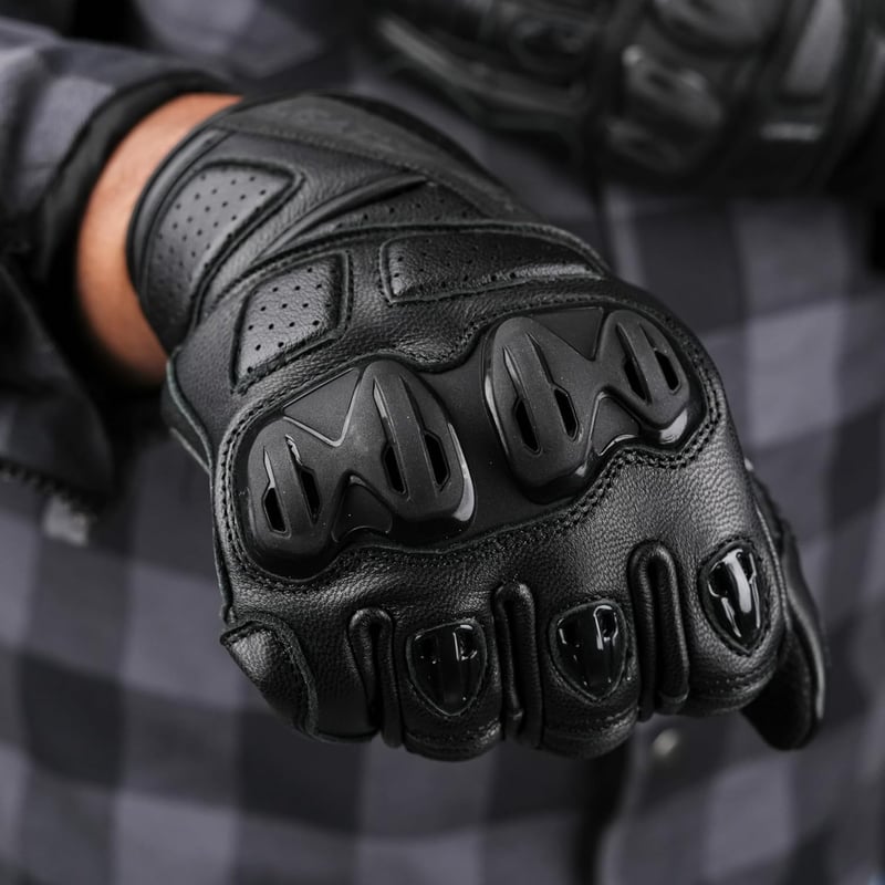 Mănuși moto din piele neagră pentru bărbați Leatherick, cu palmă căptușită și funcție touch screen
