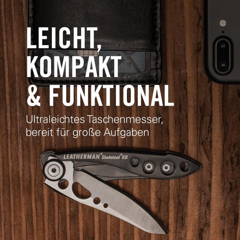 Leatherman Skeletool KB Fekete Zsebkés Rozsdamentes Acél Pengével és Sörnyitóval - Könnyű, Kompakt Alumínium Kialakítás, 36,8g