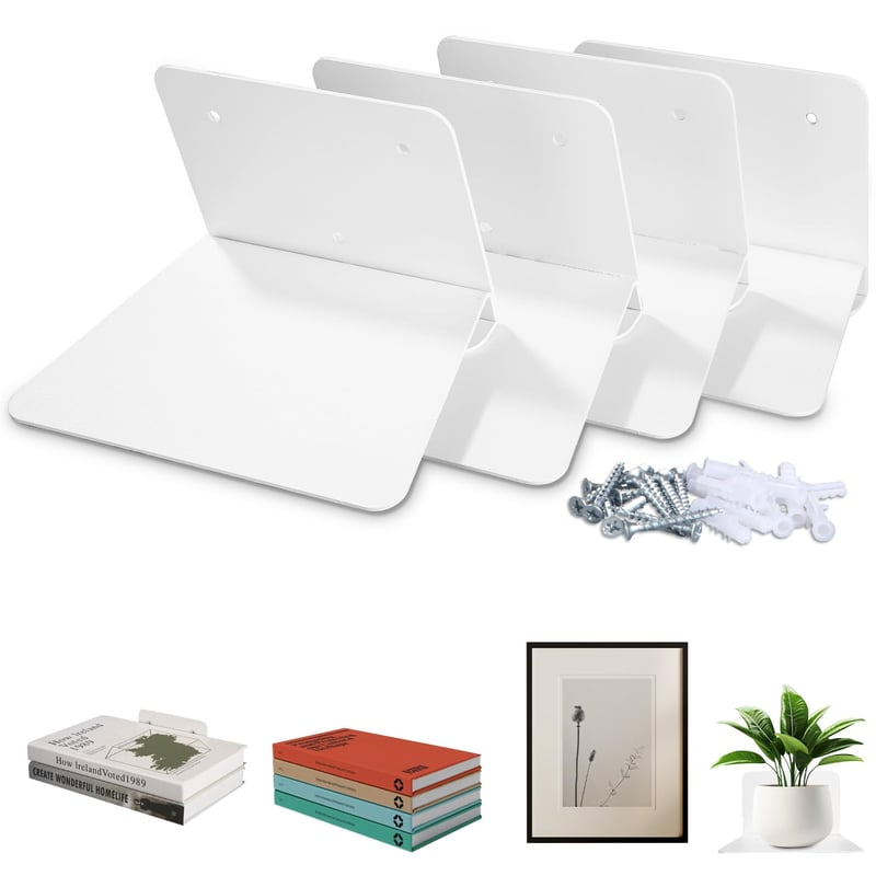 Set 4 Rafturi de Perete Flotante LEAZZLE, Alb, Bibliotecă Montată pe Perete, Raft Suspendat Invizibil pentru Dormitor, Sufragerie, Birou