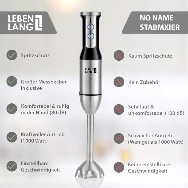 LEBENLANG 1000W Merülőmixer Rozsdamentes Acél Splash Guard és 8 Fokozat Turbo Funkcióval